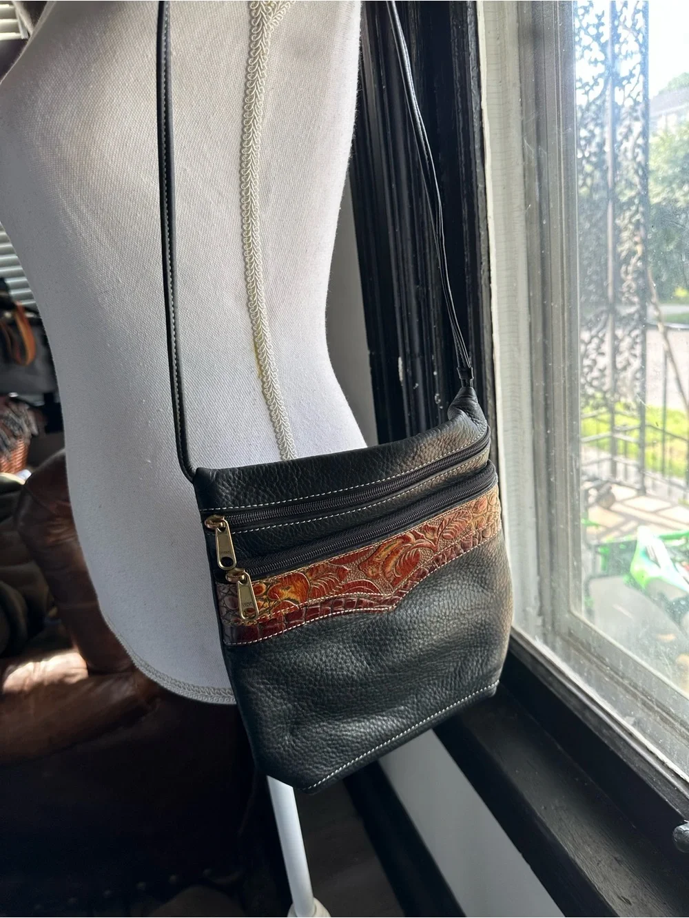 Leather western  Shoulder Bag with Embossed Floral Accent - Black & Orange